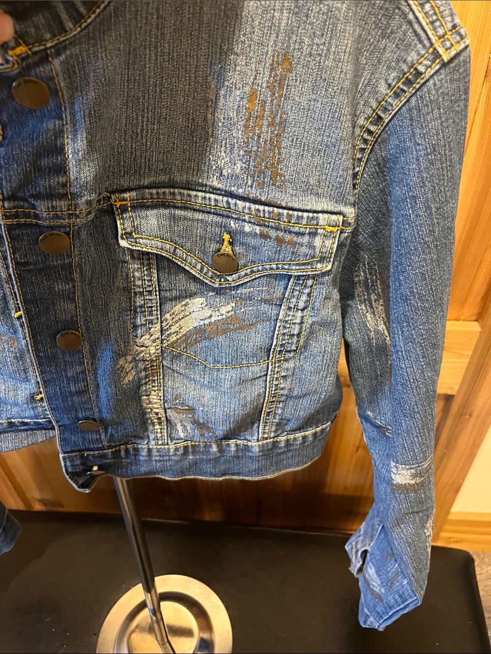 Crest Blue Denim Jean Jacket with Paint Detail - Picture 5 of 8